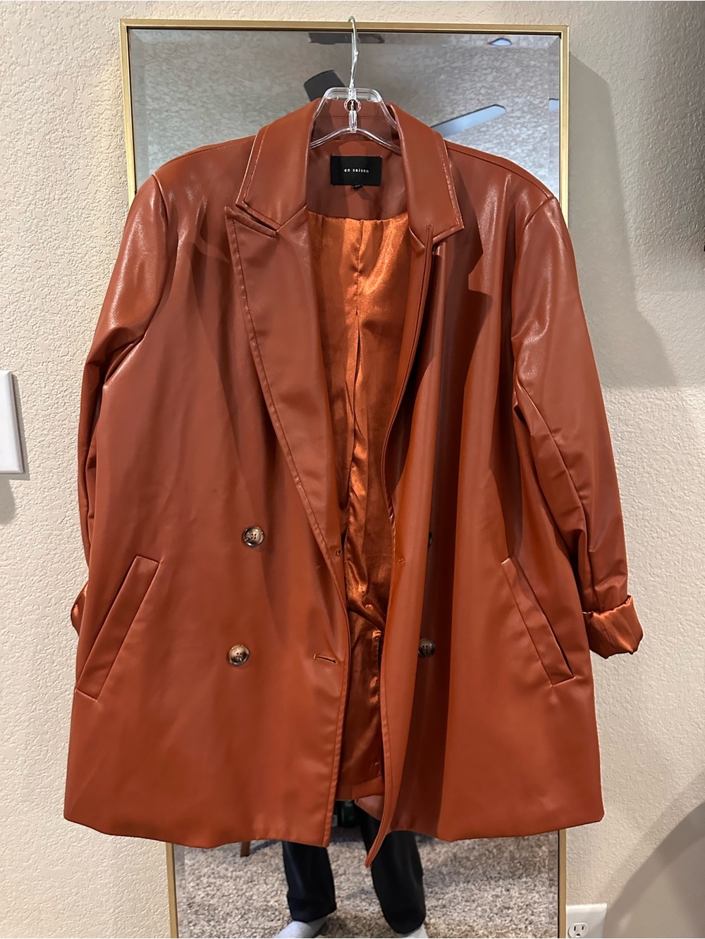 En Saison Rust Cognac Oversized Faux-Leather Double-Breasted Blazer Coat Size M